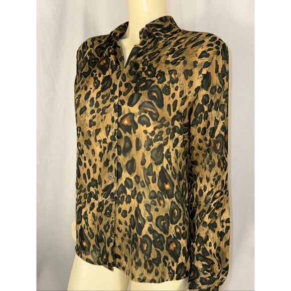 Vintage Chaus Women’s Blouse Leopard Animal Print Long Sleeve Button Front Chiff - Picture 1 of 13